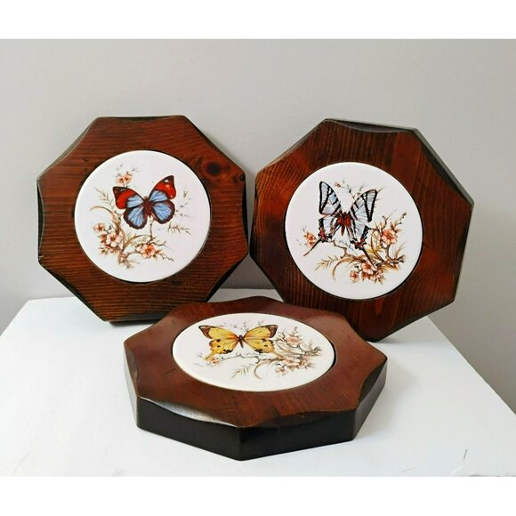 Vintage Octagonal Butterfly Trivets, Set of 3, Wood Ceramic Tiles, Cottagecore